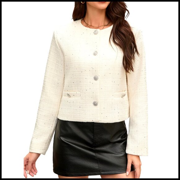 Jackets & Blazers - Short Tweed Blazer with Sparkle, Cropped Fit, Round Neck, Long Sleeve